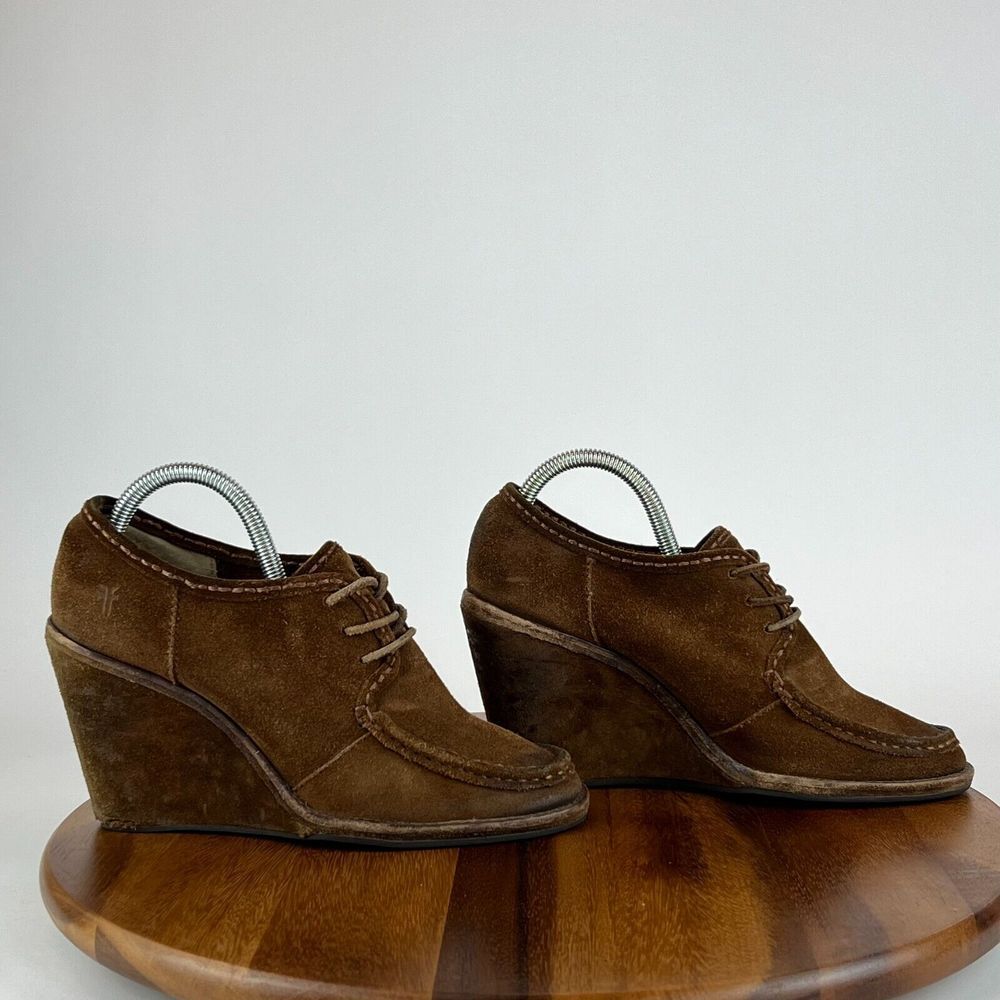 Womens Frye Caroline Brown Suede Wedge Lace Up Ankle Boots Booties Size 9.5 M